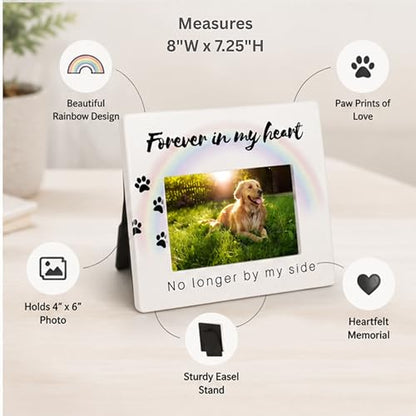 BANBERRY DESIGNS Dog Memorial Picture Frame for the Loss of Pet - Pet Sympathy Gift for Dog Loss - Rainbow Bridge Memorial Frame -No Longer By My Side Forever In My Heart - Photo Opening is 4" X 6"