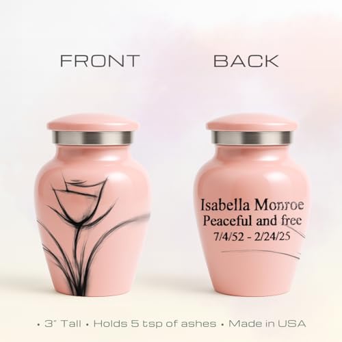 Custom Pink Flower Mini Urn – Personalized Text Only – Small 3" Keepsake Cremation Urn for Human Ashes – Drawn Tulip Design – Velvet Bag, Box & Funnel – Made in USA - color: Customized Pink, size: Small