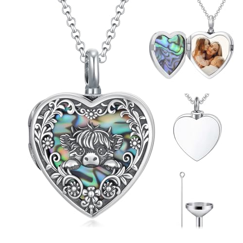 Personalized Heart Urn Locket Necklace for Ashes and Pictures 925 Sterling Silver Customized Locket Cremation Necklace for Ashes Memorial Keepsake Jewelry for Women - color: Abalone Highland Cow Urn Locket, style: Custom