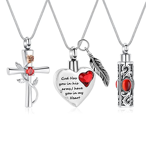 3 Pcs Cylinder/Cross/Heart Urn Necklace for Ashes Cremation Jewelry for Women Men Stainless Steel Memorial Necklaces Ash Holder for Human Pets Keepsake Jewelry for Loved Ones with Fill Tool - color: Red