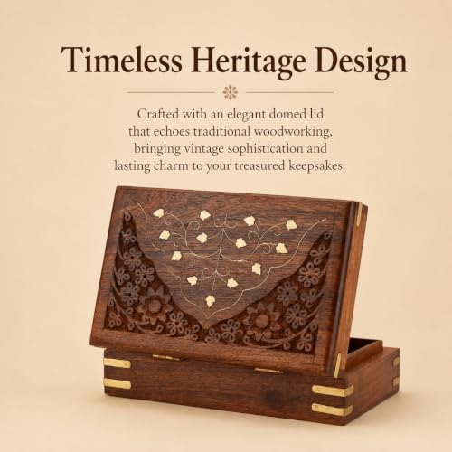 Ajuny Wooden Jewellery Box Brass Inlay Hand Carved Keepsake Chest 8x5