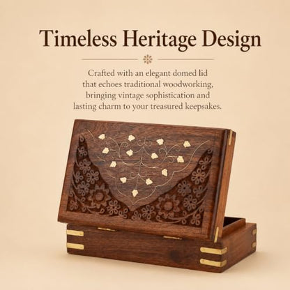 Ajuny Wooden Jewellery Box Brass Inlay Hand Carved Keepsake Chest 8x5