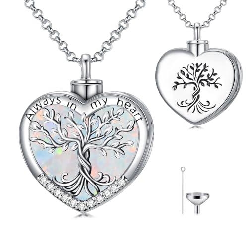 TOUPOP Tree of Life Urn Necklaces for Ashes 925 Sterling Silver Heart Cremation Jewelry Memorial Keepsake Jewelry with Funnel Filler for Women Men - color: A-Heart Tree of Life-White Opal