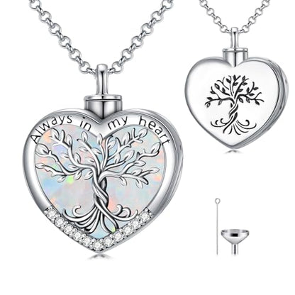 TOUPOP Tree of Life Urn Necklaces for Ashes 925 Sterling Silver Heart Cremation Jewelry Memorial Keepsake Jewelry with Funnel Filler for Women Men - color: A-Heart Tree of Life-White Opal