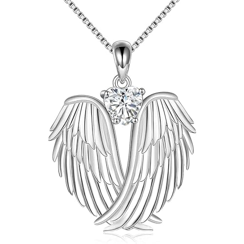 YFN Angel Wings Necklace 925 Sterling Silver Guardian Angel Wings Pendant Necklace Birthstone Necklace for Women Girls Christmas Jewelry Gifts - color: April-white