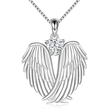 YFN Angel Wings Necklace 925 Sterling Silver Guardian Angel Wings Pendant Necklace Birthstone Necklace for Women Girls Christmas Jewelry Gifts - color: April-white