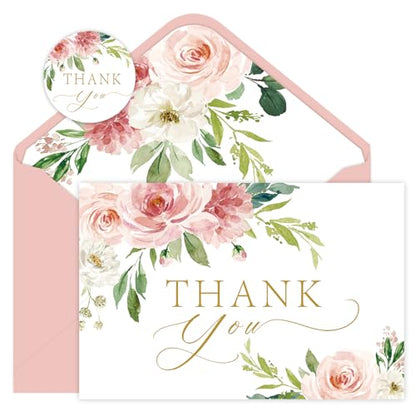 24 Pack Thank You Cards with Envelopes Pink and Stickers, Floral Thank You Cards for Graduation, Summer Wedding Bridal Appreciation Banquet, Baby Shower, Graduation Ceremony, Birthday Greeting Letter - style: 24pcs - Pink Flower
