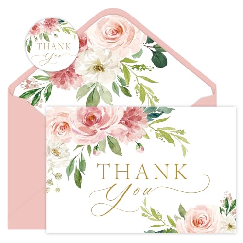 48 Pack Thank You Cards with Envelopes Pink and Stickers, Floral Thank You Cards for Graduation, Summer Wedding Bridal Appreciation Banquet, Baby Shower, Graduation Ceremony, Birthday Greeting Letter - style: 48pcs - Pink Flowers