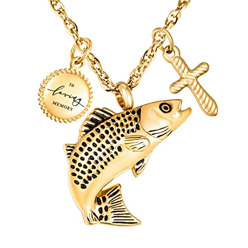 Dletay Fish Cremation Jewelry for Ashes Memorial Ashes Keepsake Necklace Urn Necklace Pendant - color: Gold-cross