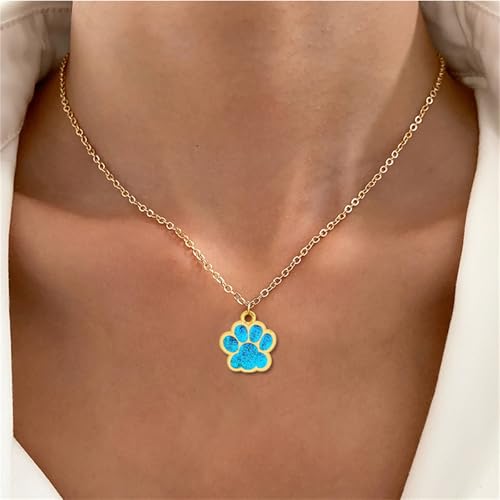 Dreuyet Paw Necklace and Earrings Set for Women Glitter Cute Dog Cat Pet Paw Print Pendant Necklace Earrings Lovely Animal Charm Jewelry Set Gifts - color: Gold Light Blue