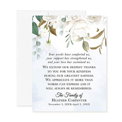 White Floral and Greenery Funeral Thank You Cards | Sympathy Acknowledgement Cards, 4.25x5.5", Flat Bereavement Notes, With Envelopes