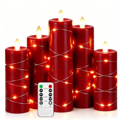 Da by 5 Pack Red Real Wax Flameless Taper Candles, Lifelike Flickering LED Candles with Copper String Lights, Battery Operated Candles with Remote for Holiday Wedding Home Decor - color: Red#5*1