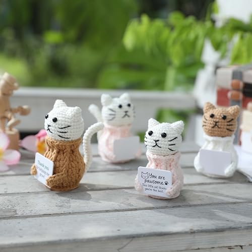 Positive Crochet Animals Cat – “You are Pawsome” Valentines Day Gifts for Him Her Boyfriend Girlfriend Women Teens, Emotional Support & Cheer Up Present, Teacher Appreciation, Birthday Gift - color: Cat-white-awesome
