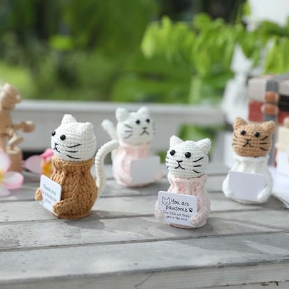 Positive Crochet Animals Cat – “You are Pawsome” Valentines Day Gifts for Him Her Boyfriend Girlfriend Women Teens, Emotional Support & Cheer Up Present, Teacher Appreciation, Birthday Gift - color: Cat-white-awesome
