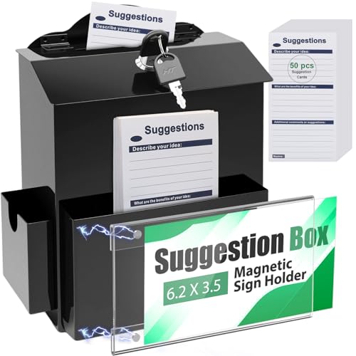 Metal Suggestion Box with Slot, Lockable Donation Box with Keys & 50 Cards