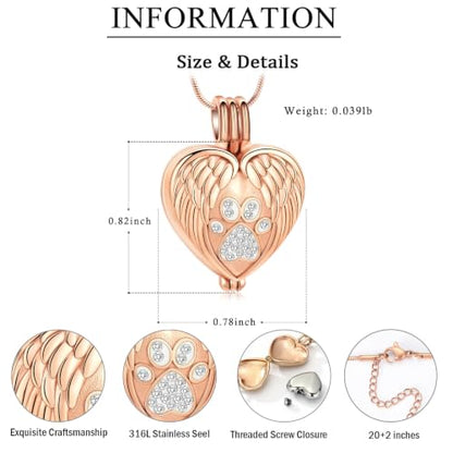 zeqingjw Pet Cremation Jewelry for Ashes Pendant Paw Print Pet Heart Urn Necklace Memorial Keepsake Jewelry for Pet/Dog's/Cat's Ashes - color: Wing Heart-Rose Gold