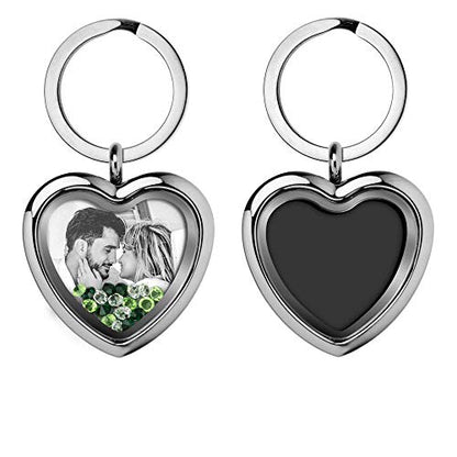 Custom Photo Text Engraved Heart Floating Living Locket Crystal Pendant Keychain - color: Green - 1 Photo Engraving