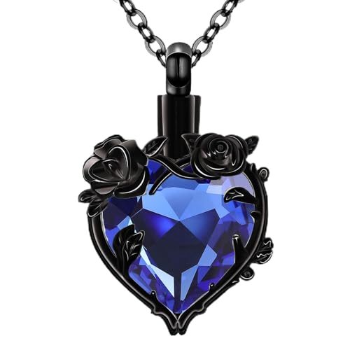 Heart Rose Flower Black Urn Necklaces for Ashes Cremation Jewelry for Women Human Ash Memorial Keepsake Pendant - color: Dark Blue