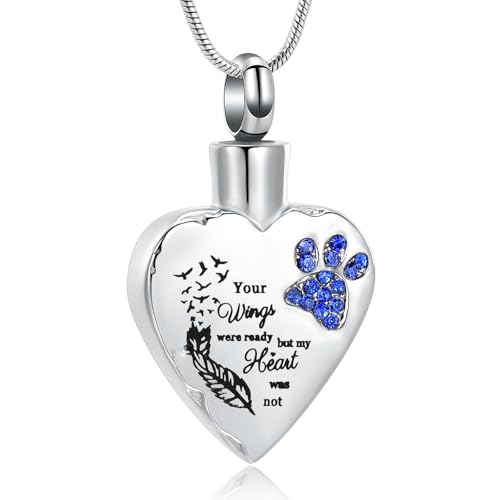 memorial jewelry Your Wings were Ready, But My Heart was Not Stainless Steel Carved Locket Cremation Urn Necklace for Pet Dog Cats - color: Your Wings-Blue