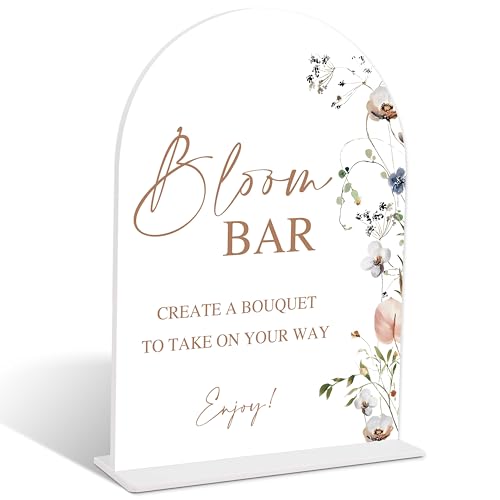 Boho Floral Bloom Bar Sign, Arch Acrylic Sign with Stand, Wedding Signage for Reception, Bridal Shower Table Decor, Engagement Party Decorations, Wedding Must Haves for Reception, 6x8 Inches, 01 - color: Bloom Bar Sign, 01