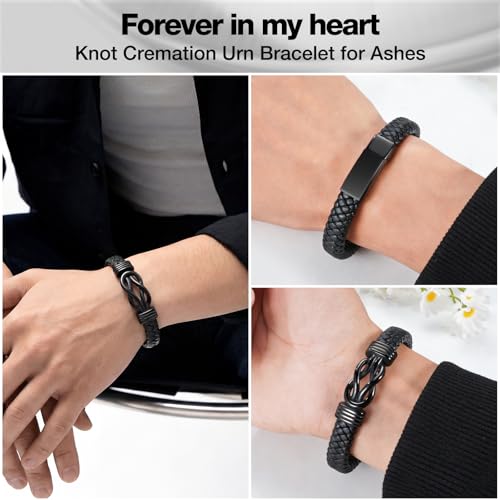 abooxiu Urn Bracelet for Ashes Leather Cremation Bracelet for Human Ashes Stainless Steel Ash Bracelets Memorial Cremation Jewelry Keepsake Bangle for Men - style: Custom-Black Knot-Forever in My Heart