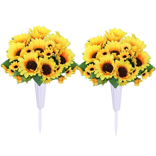Artificial Cemetery Flowers for Grave Decorations - 4 Sunflower Bouquets with 2 Vases & Spikes - Lifelike Memorial Flowers for Cemetery Headstones Decoration ﻿ (Yllow)