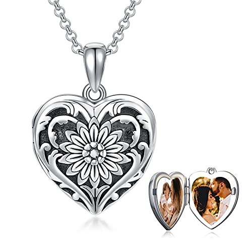 SOULMEET Sunflower/Rose/Daisy Heart Locket Necklace That Holds Pictures Keep Someone Near to You Sterling Silver/Gold Personalized Photo Locket Gift - style: B-Sunflower locket+photo