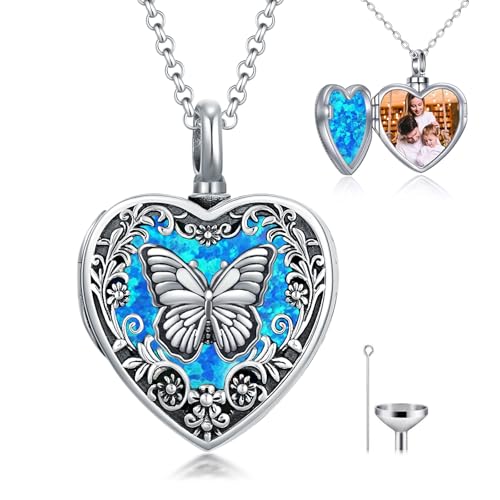 Personalized Heart Urn Locket Necklace for Ashes and Pictures 925 Sterling Silver Customized Locket Cremation Necklace for Ashes Memorial Keepsake Jewelry for Women - color: Opal Butterfly Urn Locket, style: No Custom