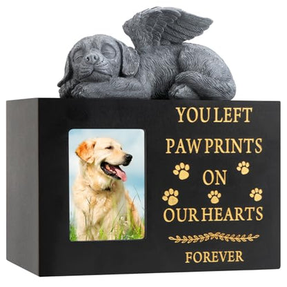 Pet Urns for Dog with Dog Angel, Wooden Pet Memorial Urns with Photo Frame, Pet Cremation Urns Keepsake Memory Box with Black Flannel as Lining, Loss Pet Memorial Remembrance Gift - size: Medium with Angel Dog