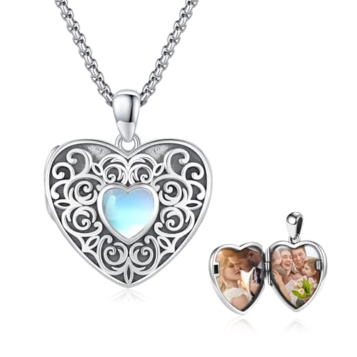 Locket Necklace for Women 925 Sterling Silver Celtic Locket Pendant Necklace Moonstone/Turquoise/Black Agate Heart Shaped Locket Necklace Jewelry Gifts for Women - style: Rose Pattern