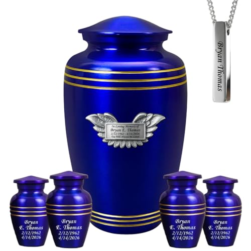 Set of 7 Plaque Custom Engraved Cremation Urns for Human Ashes Includes 1 Large Urn with 4 Small Keepsakes & 1 Silver Necklace - Royal Blue - color: Royal Blue Custom Plaque Urn Set