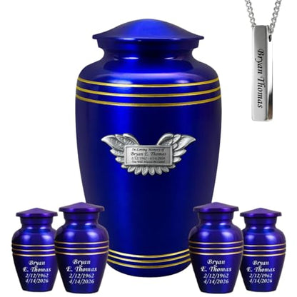 Set of 7 Plaque Custom Engraved Cremation Urns for Human Ashes Includes 1 Large Urn with 4 Small Keepsakes & 1 Silver Necklace - Royal Blue - color: Royal Blue Custom Plaque Urn Set