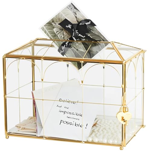 Gold Brass & Glass Wedding Card Box with Heart-Shaped Lock & Slot, Clear Envelope Holder for Reception, Secure Cash Gift Storage Box for Wedding Party, Geometric Handmade Lock Box with 2 Keys - color: Gold