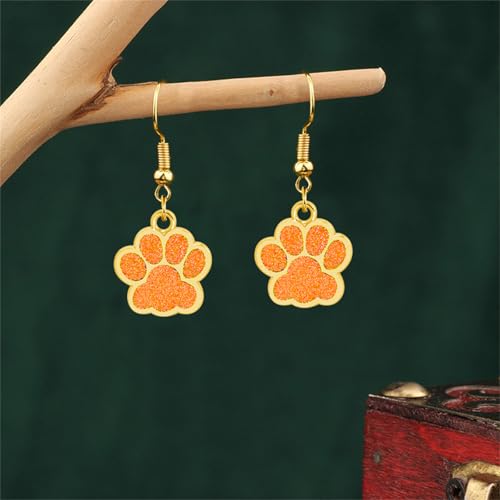 Dreuyet Paw Necklace and Earrings Set for Women Glitter Cute Dog Cat Pet Paw Print Pendant Necklace Earrings Lovely Animal Charm Jewelry Set Gifts - color: Gold Orange