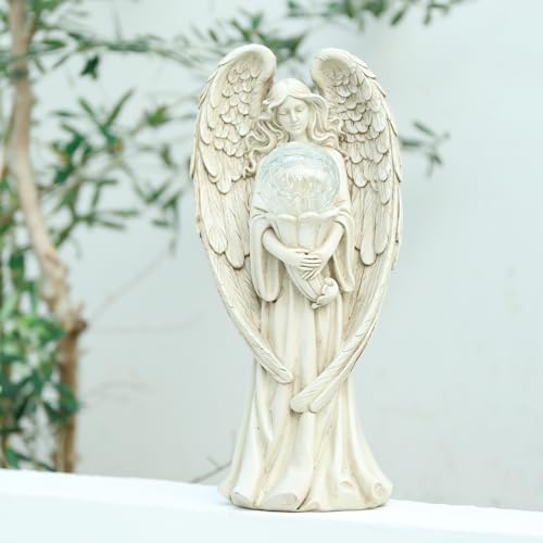 Garden Angels Outdoor Statue, Solar Angel with Crackled Glass Globe Outdoor | Angel Statues Figurine with Warm Lights, Memorial Angel Holding Flower Ball for Cemetery, Yard Patio Decor or Sympathy Gifts - color: White