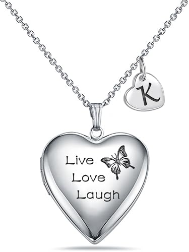 MUERDOU Butterfly Locket Necklace that Holds Pictures Initial Alphabet Letter Heart Shaped Photo Memory Locket Pendant Necklace - style: K