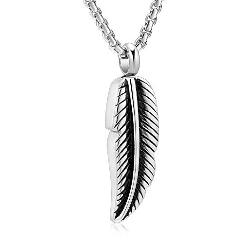Oinsi Stainless Steel Feather Urn Necklace Hold Cremation Ashes Keepsake Memorial Jewelry +Box+Fill Kits - color: Silver Tone