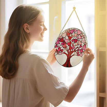Stained Glass Window Hanging - 8 Inch Love Heart Tree Suncatcher, Sun Catchers Indoor Window | Valentine’s Day, Mother's Day, Christmas, Anniversary, Birthday Gifts for Lover, Wife, Girlfriend, Mom - color: Heart Tree