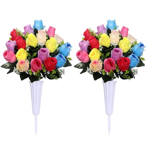 Lodou Artificial Cemetery Flowers,Set of 2 Grave Decorations Roses, Tombstone Memorial Bouquet with Vase for Grave Arrangementss (2, Colour) - color: Colour
