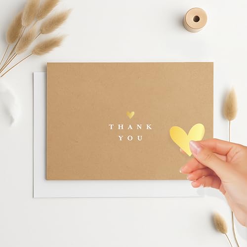 ThreeKin Collective 25-Pack Thank You Cards with Envelopes - Elegant 3.5” x 5” Folded Kraft Paper with Real Gold Foil Stamp | Wedding, Engagement, and Baby Shower Stationery, USA Business - style: Gold