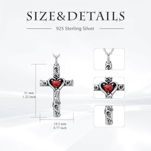 TOUPOP Cross Urn Necklaces for Ashes Birthstone Cremation Jewelry 925 Sterling Silver Cross Memorial Keepsake Jewelry for Women (with Funnel Filler) - color: 01-January-Garnet