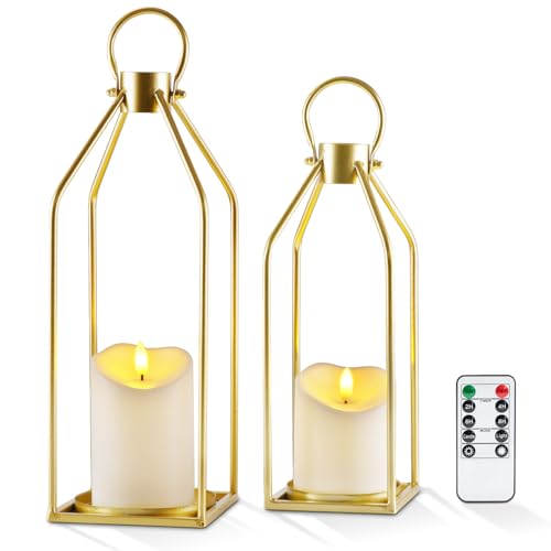 Homemory Modern Farmhouse Gold Metal Lanterns 2PCS with Flameless Candle - color: Gold