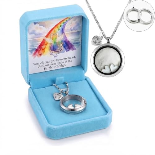 Cat Fur Keepsake Necklace, Transparent Glass Memorial Pendant for Fur Hair Ashes, Pet Urn Necklace with Paw Charm, Pet Loss Jewelry Gift (Glass Circle - Cat) - color: Cat Memorial Locket