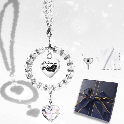 Small Mini Urn for Car Rear View Mirror Hanging Cremation Ashes Jar Keepsake, Crystal Suncatcher Miniature Urn Sympathy Grief Memorial Car Charms Gifts for Loss of Loved One, Stainless Steel