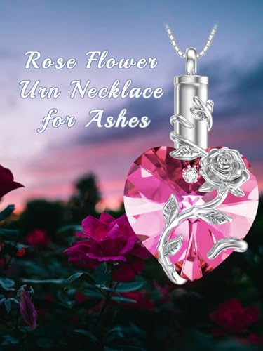 OCJ Heart Rose Flower Urn Necklace for Ashes Women Birthstone Cremation Necklaces Sterling Silver Memorial Cremation Jewelry Gifts - color: 10-Oct-Pink Tourmaline
