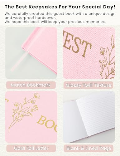 Wedding Guest Book, Polaroid Photo Guestbook for Baby Shower, 9x7.5" | Table Sign Included, Gold Stamping, Twill-Textured Hardcover, Perfect For Bridal Party & Baby Shower, Pink - color: Flower-pink