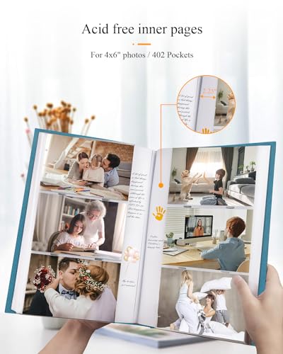 1DOT2 Photo Album for 4x6 Pictures with Writing Space, Blue | Holds 402 Photos,Linen Cover with Front Window, Acid-free Inner Pages, Ideal for Marriage Children Travel Family - color: Peacock Blue