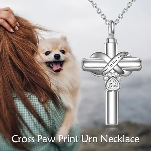 Cross Pet Urn Necklace Sterling Silver Infinity Pet Ashes Pendant - color: Silver-Dog Crystal