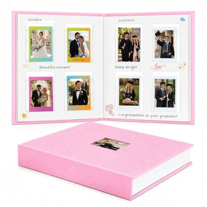 Ruibytree 128 Pockets Instant Mini Photo Album for 2x3 Photos, Blossom Pink | Writing Space, Premium Linen Hardcover, Flat-Fit Pockets, Wedding Guest Book for Polaroid 2x3 Photos, Graduation Keepsakes - color: Blossom Pink