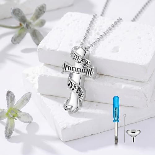 PELOVNY Urn Necklaces for Ashes of Loved Ones 925 Sterling Silver Personalized Heart Locket Urn Necklace Cremation Keepsake Memorial Jewelry Gifts for Women Men - color: Music Cross Urn